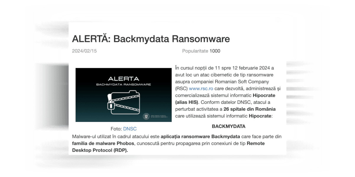 Cover Image for Backmydata Ransomware loveste sistemul de sanatate romanesc